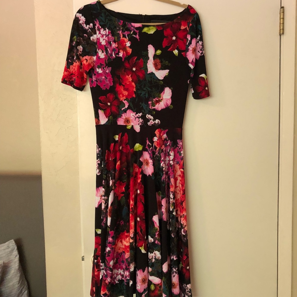 Marc Bouwer Black Midi Dress with Red & Pink Floral Print